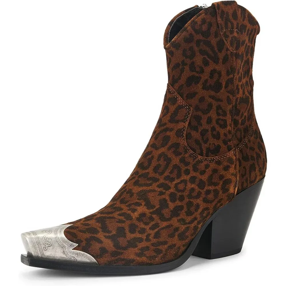 Women's Leopard Engraved Steel Toe Cowgirl Boots Stacked Block Heels Short - Picture 1 of 5